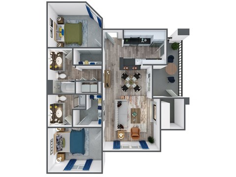 Floor plan for 2 beds, 2 baths, 1000 sqft
